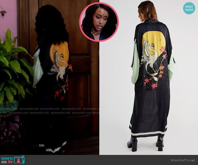 Free People Rising Sun Maxi Kimono in Black Combo worn by Karen Mott (Ebony Obsidian) on Tyler Perrys Sistas