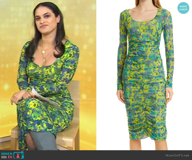 Ganni Print Ruched Long Sleeve Mesh Midi Dress worn by Donna Farizan on Today