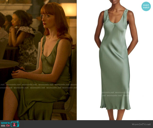 Ghost London Palm Dress in Mid Green worn by Chloe Fairbourne (Poppy Gilbert) on Chloe