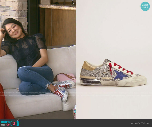Golden Goose Super-Star Sneakers in silver glitter and multi-foxing worn by Crystal Kung Minkoff on The Real Housewives of Beverly Hills