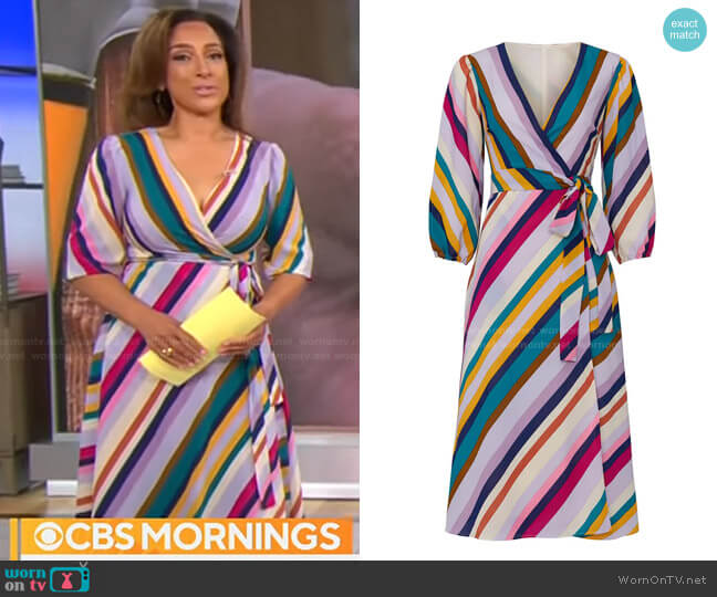 Great Jones Striped Wrap Dress worn by Michelle Miller on CBS Mornings