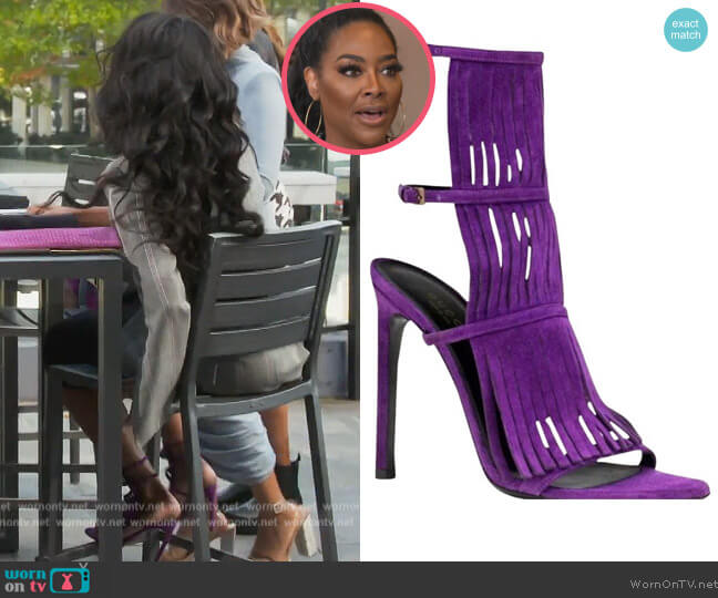 Gucci Purple Berries Becky Suede Fringe Sandals worn by Kenya Moore on The Real Housewives of Atlanta
