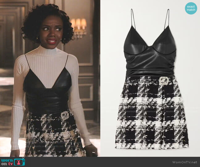 Halpern Power Embellished Faux Leather and Metallic Boucle-Tweed Mini Dress worn by Zenzi Fullington (Ashleigh Murray) on Tom Swift