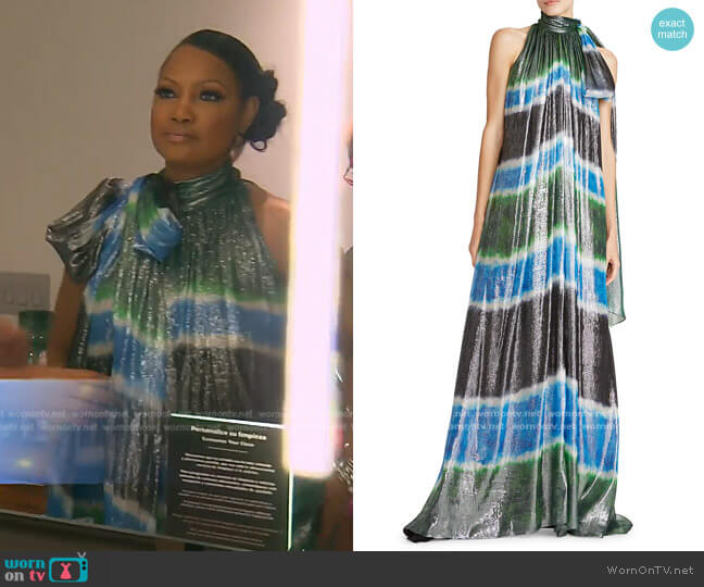 Halston x Netflix Elizabeth Metallic Striped Gown worn by Garcelle Beauvais on The Real Housewives of Beverly Hills