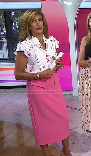 Hoda’s white print top and pink pencil skirt on Today