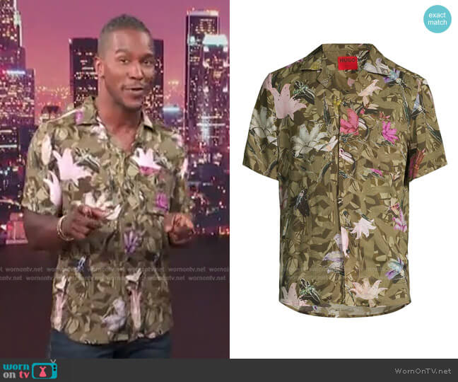 Boss Ellino Short Sleeve Linen Button-Up Camp Shirt worn by Scott Evans on Access Hollywood
