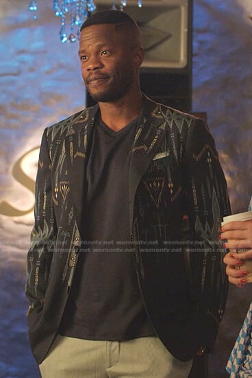 Jeff’s navy print blazer on Dynasty