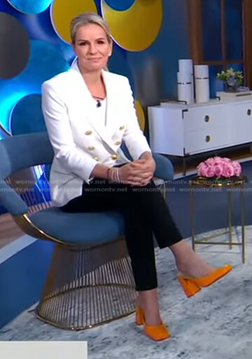 Jennifer’s white double breasted blazer and orange mules on Good Morning America