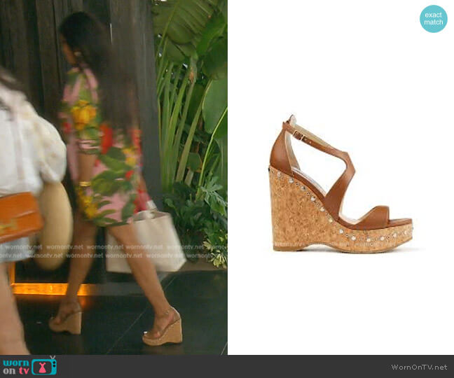 Jimmy Choo Cuoio Nappa Wedge Sandals with Silver Stud Embellishment worn by Garcelle Beauvais on The Real Housewives of Beverly Hills