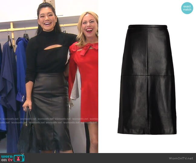 Joe's Jeans Doreen Cross Seamed Faux Leather Midi Skirt worn by Crystal Kung Minkoff on The Real Housewives of Beverly Hills