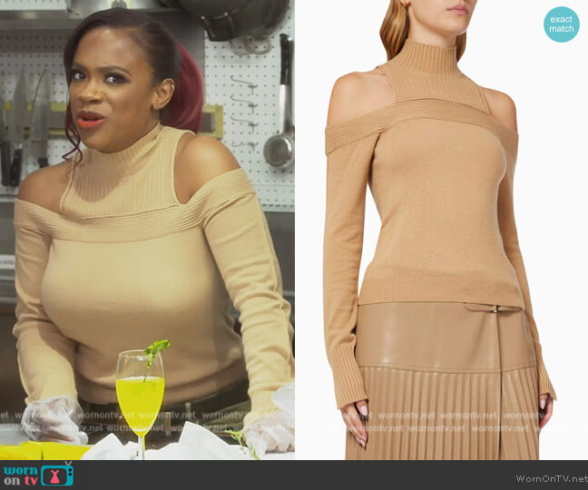 Jonathan Simkhai Off-the-shoulder ribbed-knit sweater worn by Kandi Burruss on The Real Housewives of Atlanta