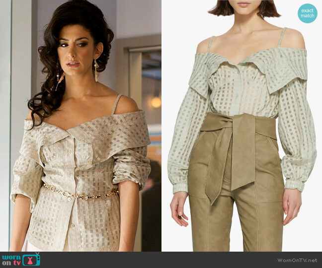 Jonathan Simkhai Paulina Blouse in Celadon worn by Beth Ann McGann (Ayden Mayeri) on I Love That For You