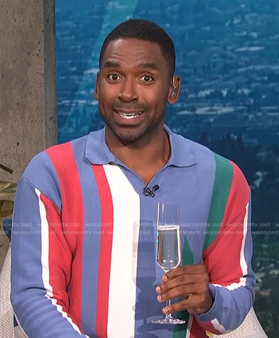 Justin’s multicolor striped polo shirt on E! News Daily Pop