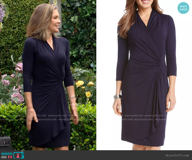 Karen Kane Cascade Faux Wrap Dress in Navy worn by Diane Jenkins (Susan Walters) on The Young and the Restless