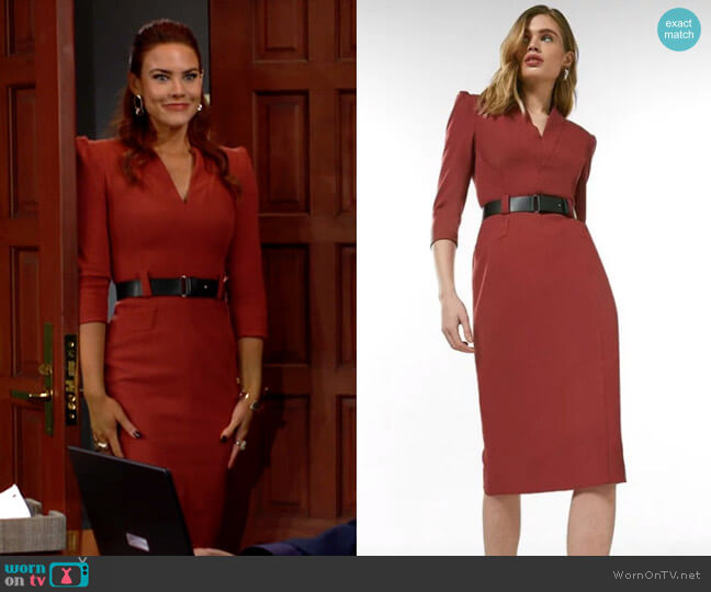 Karen Millen Forever Belted Midi Pencil Dress in Rust worn by Sally Spectra (Courtney Hope) on The Young and the Restless