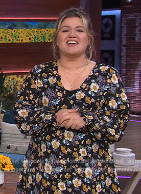 Kelly’s black floral print mini dress on The Kelly Clarkson Show