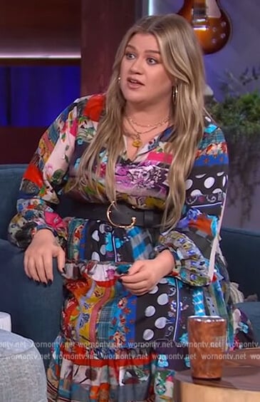 Kelly’s patchwork print dress on The Kelly Clarkson Show