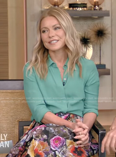 Kelly’s green blouse and floral midi skirt on Live with Kelly and Ryan