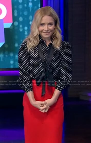 Kelly’s black polka dot blouse with satin tie and skirt on Live with Kelly and Ryan
