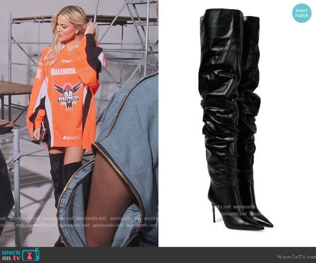 Amina Muaddi Jahleel leather over-the-knee boots worn by Khloe Kardashian (Khloe Kardashian) on The Kardashians
