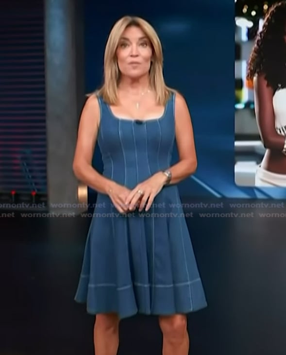 Kit's square neck stitched denim dress on Access Hollywood