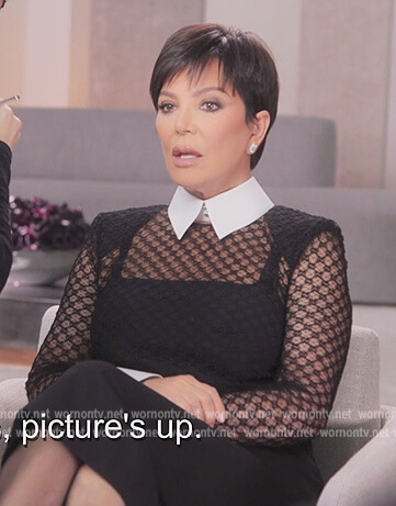 Kris’s black contrast collar lace dress on The Kardashians