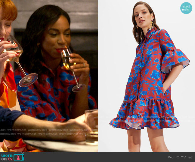 La DoubleJ Choux Dress in Devon Bordeaux worn by Livia Fulton (Pippa Bennett-Warner) on Chloe