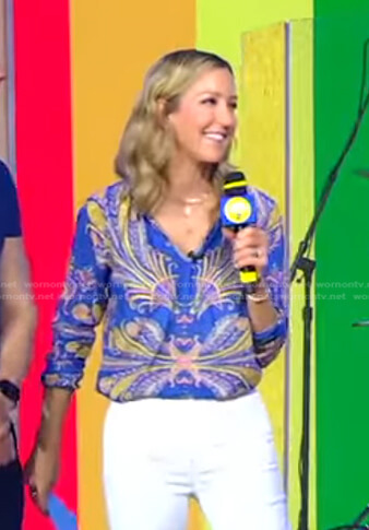 Lara’s blue feather print blouse on Good Morning America