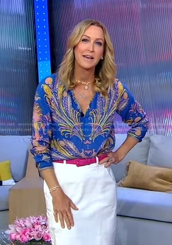 Lara’s blue feather print blouse on Good Morning America