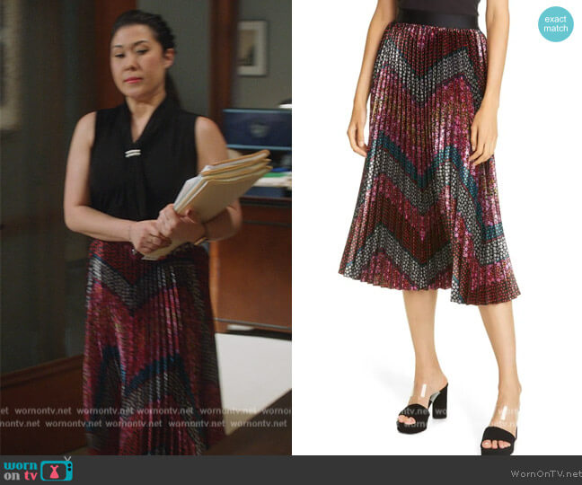Le Superbe Floral Metallic Pleated Skirt worn by Sherri Kansky (Ruthie Ann Miles) on All Rise