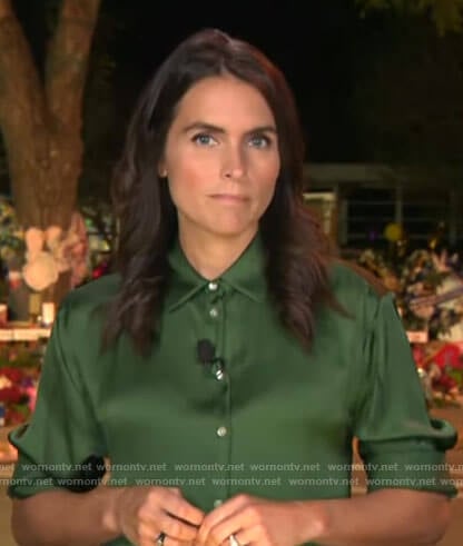 Lilia Luciano’s green satin button down shirt on CBS Mornings