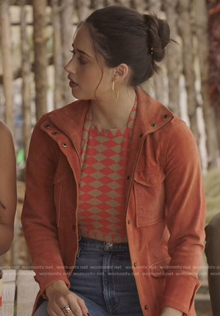 Liz’s geometric print halter top and orange suede jacket on Roswell New Mexico
