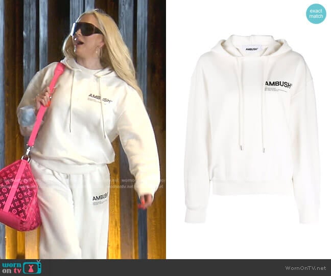 Ambush Logo-Print Drawstring Hoodie worn by Erika Jayne on The Real Housewives of Beverly Hills