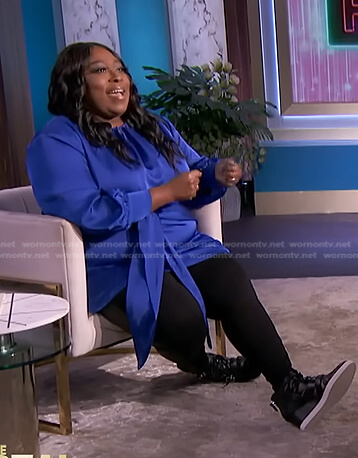 Loni’s blue tie waist satin dress on The Real