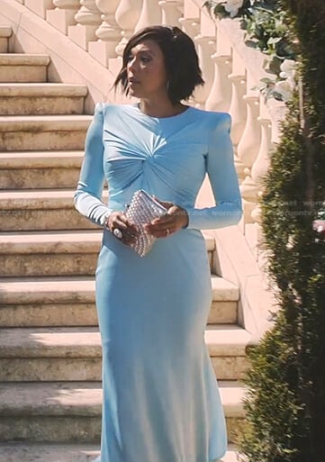 Lorraine’s blue twisted dress on Tom Swift