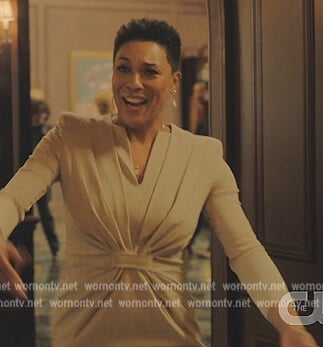 Lorraine’s beige twisted front dress on Tom Swift