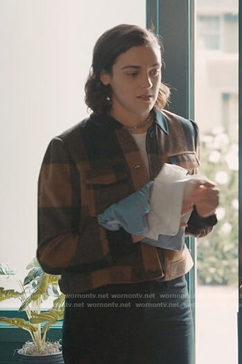 Lucy’s brown checked jacket on Love Victor