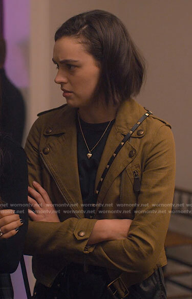 Lucy’s olive linen moto jacket on Love Victor