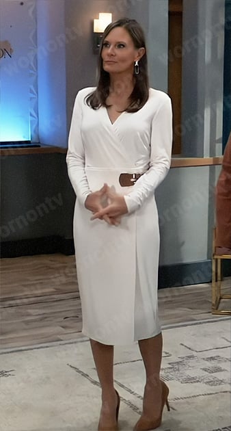 Lucy’s white buckle wrap dress on General Hospital