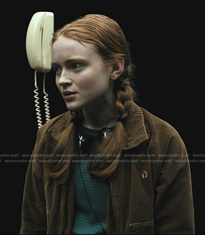 Max’s green striped top and brown corduroy jacket on Stranger Things