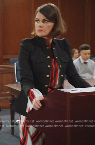Maggie’s striped blouse and black jacket on All Rise