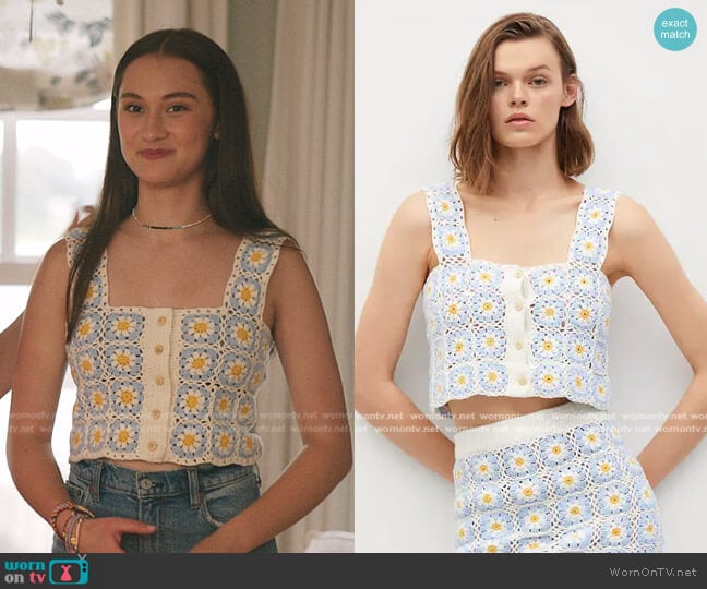 Mango Handmade Daisy-Print Crochet Top worn by Belly Conklin (Lola Tung) on The Summer I Turned Pretty