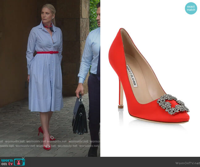 Manolo Blahnik Hangisi 105 Embellished Satin Pumps worn by Margot (Elizabeth Mitchell) on First Kill