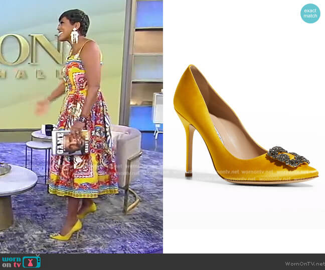 Manolo Blahnik Hangisi Crystal Buckle Satin Pumps worn by Tamron Hall on Tamron Hall Show
