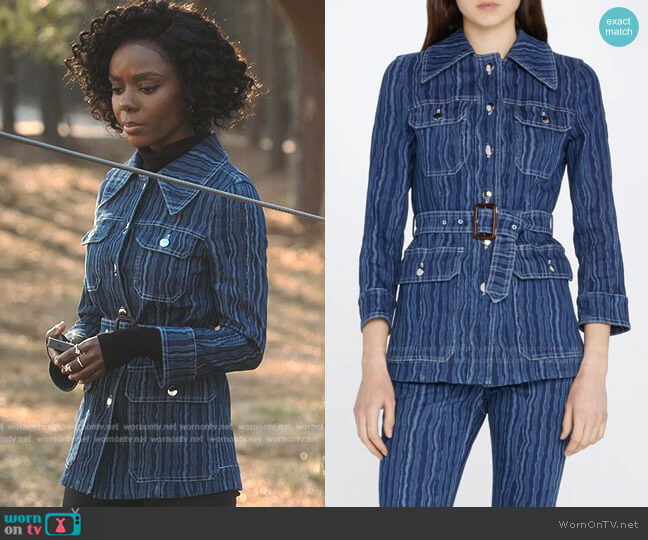 Marni Wave-Print Belted Safari Denim Jacket worn by Zenzi Fullington (Ashleigh Murray) on Tom Swift