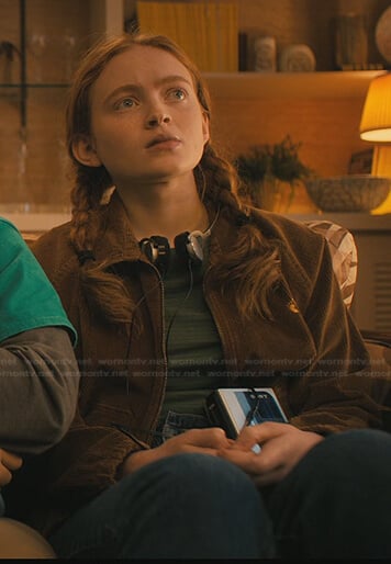 Max’s green striped top and brown corduroy jacket on Stranger Things
