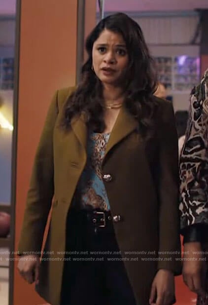 Mel’s olive jacket with silver buttons and blue floral cami on Charmed