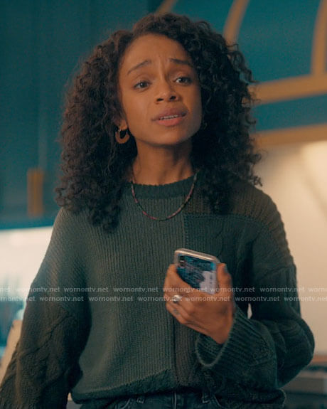Mia’s green patchwork sweater on Love Victor