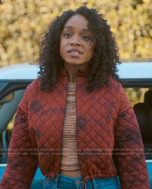 Mia’s red tie dye quilted jacket on Love Victor