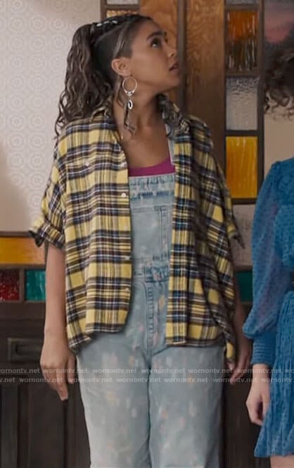 Kaela’s yellow plaid shirt and paint splatter overalls on Charmed